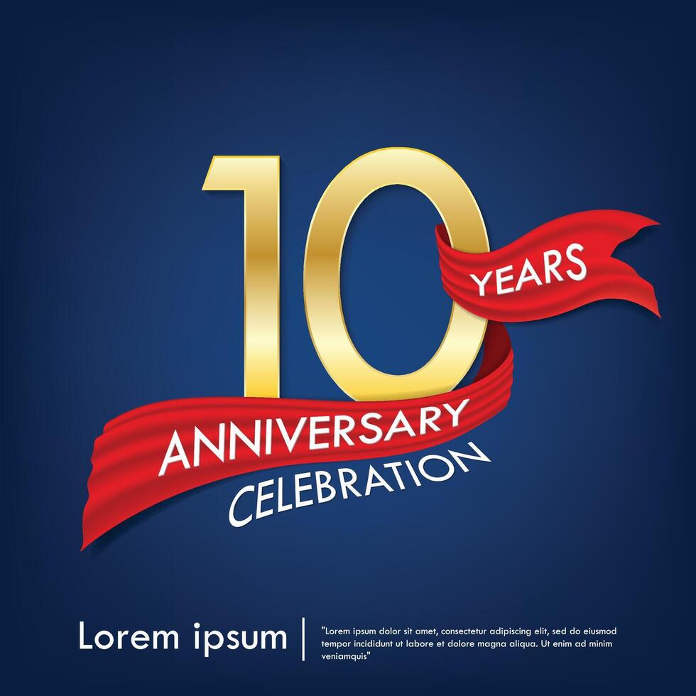 10th years anniversary celebration emblem. elegant golden anniversary logo isolated with red ribbon on dark blue background. template design for web, flyers, poster, greeting vector