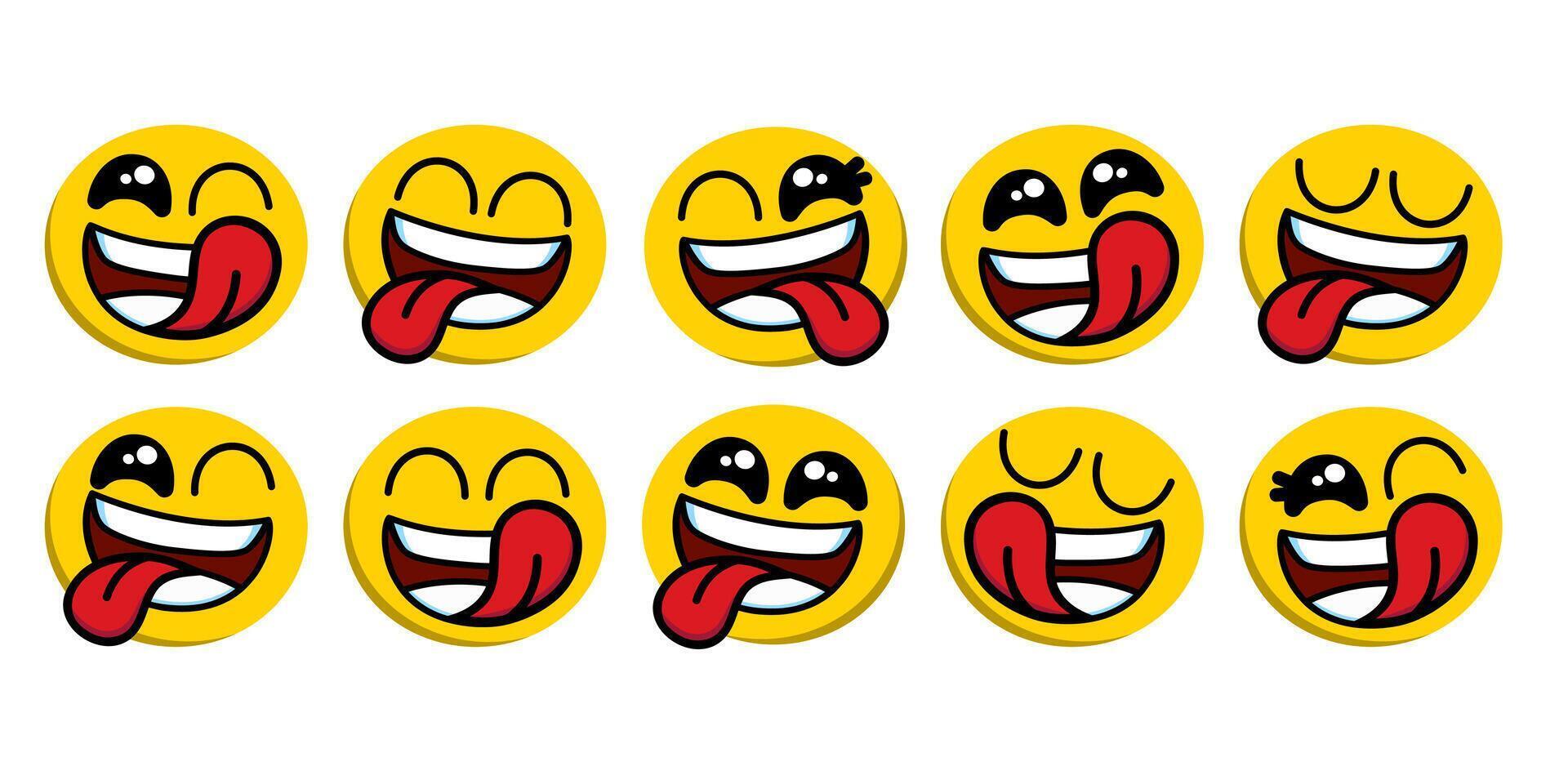 Set of smiling emoji icon. happy yellow character isolated cartoons symbol. funny yummy face with mouth and tongue vector