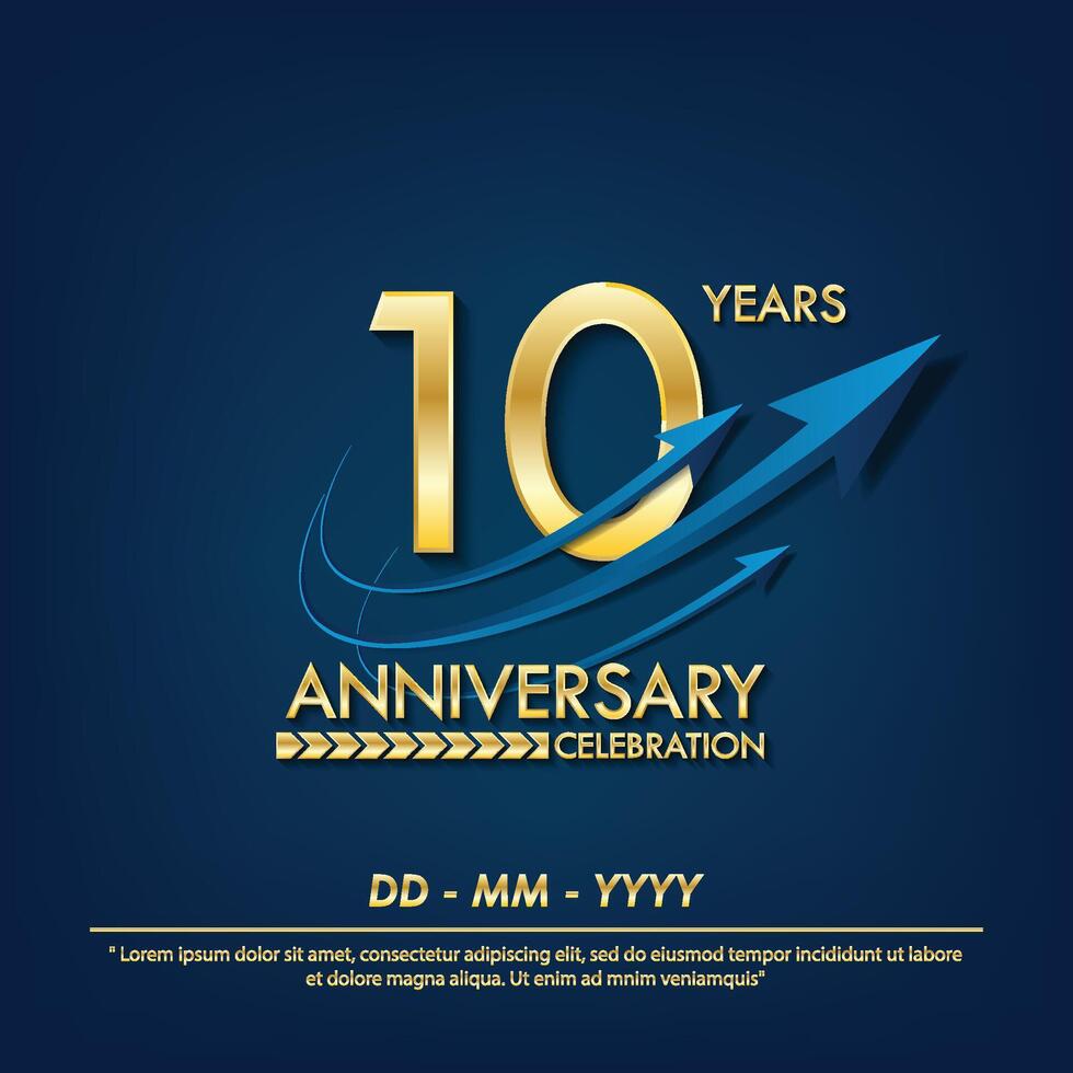10th years anniversary celebration emblem. elegance golden anniversary logo isolated with blue arrow ribbons on blue background. vector