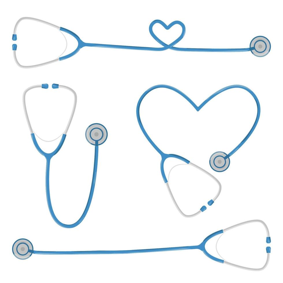 A premium set of four clean, flat style outline icons featuring a stethoscope in different configurations Classic angled design, Straight horizontal tubing, Tubing shaped as a heart, Heart shaped vector