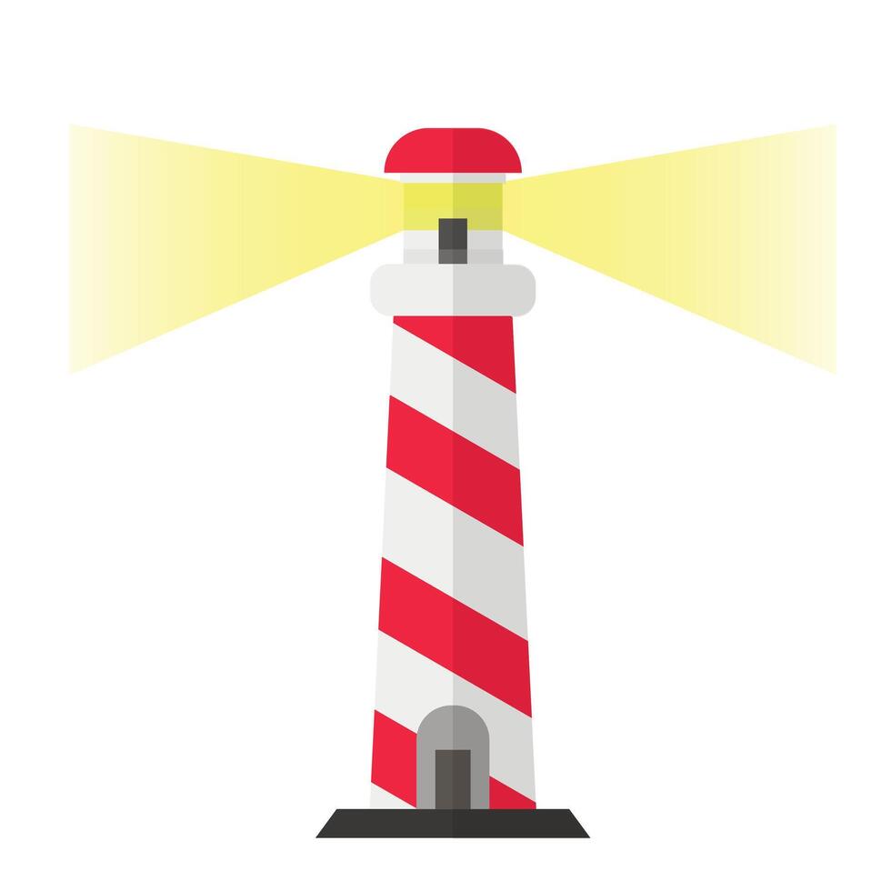 A red and white lighthouse with a light shining from it vector