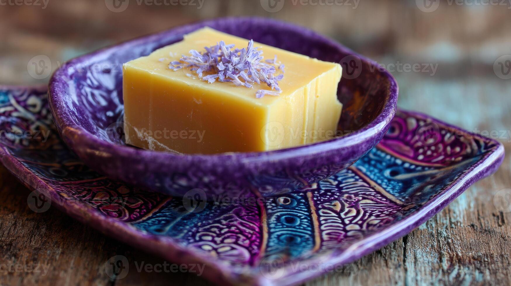 Natural Yellow Soap Bar Rests Elegantly in a Purple Ceramic Dish Adorned With Intricate Patterns and Textures photo