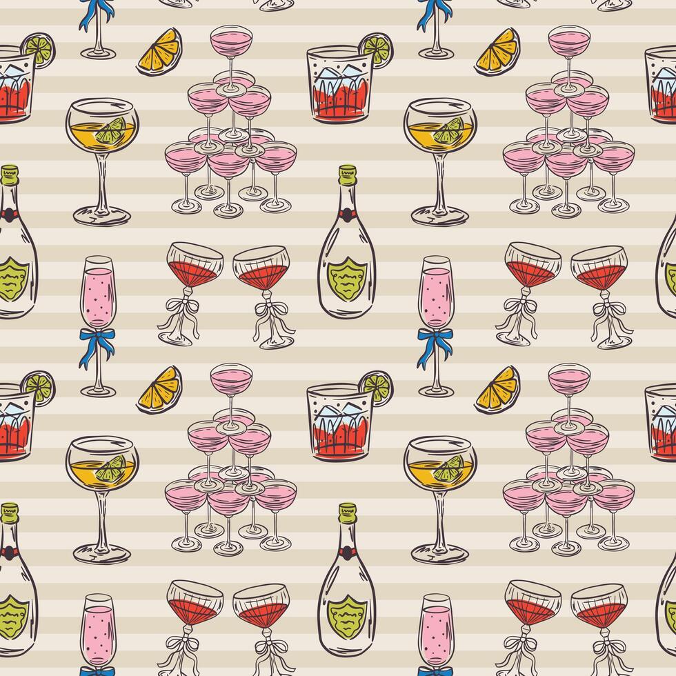 Cold drink hand drawn drinks, cocktails seamless pattern in trendy whimsical style. Perfect background for quirky italian wedding holiday, poster cards, dinner and bar menu, fabric, wrapping paper. vector