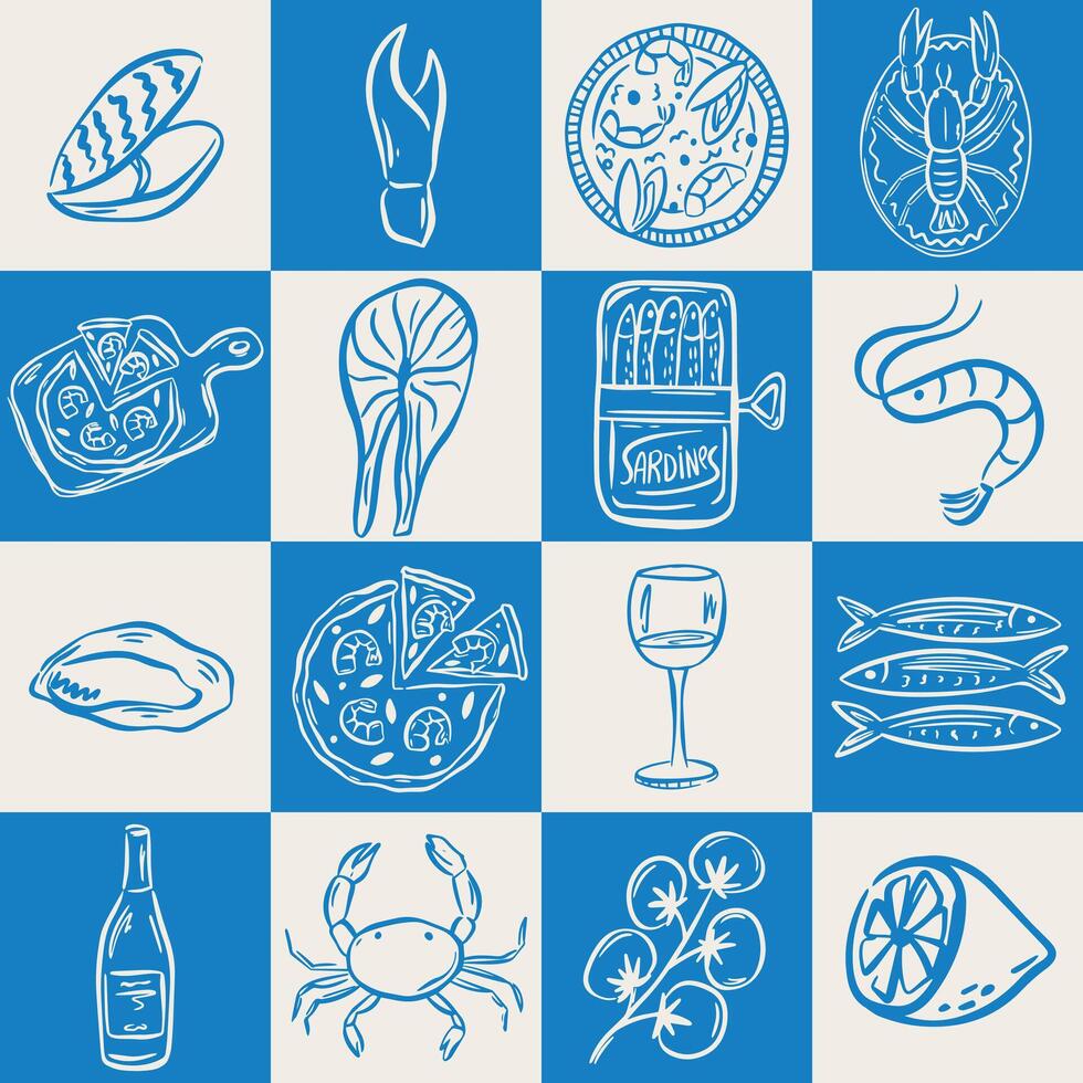 Square hand drawn sea food seamless pattern in trendy whimsical style. Perfect background for quirky italian wedding holiday, poster cards, dinner and bar menu, fabric, wrapping paper vector