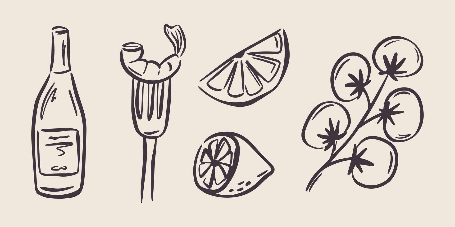 Black hand drawn sea food illustrations in trendy whimsical style. Perfect doodle for quirky italian wedding holiday, poster, dinner and bar menu, bachelorette party, birthday invitation, sign vector
