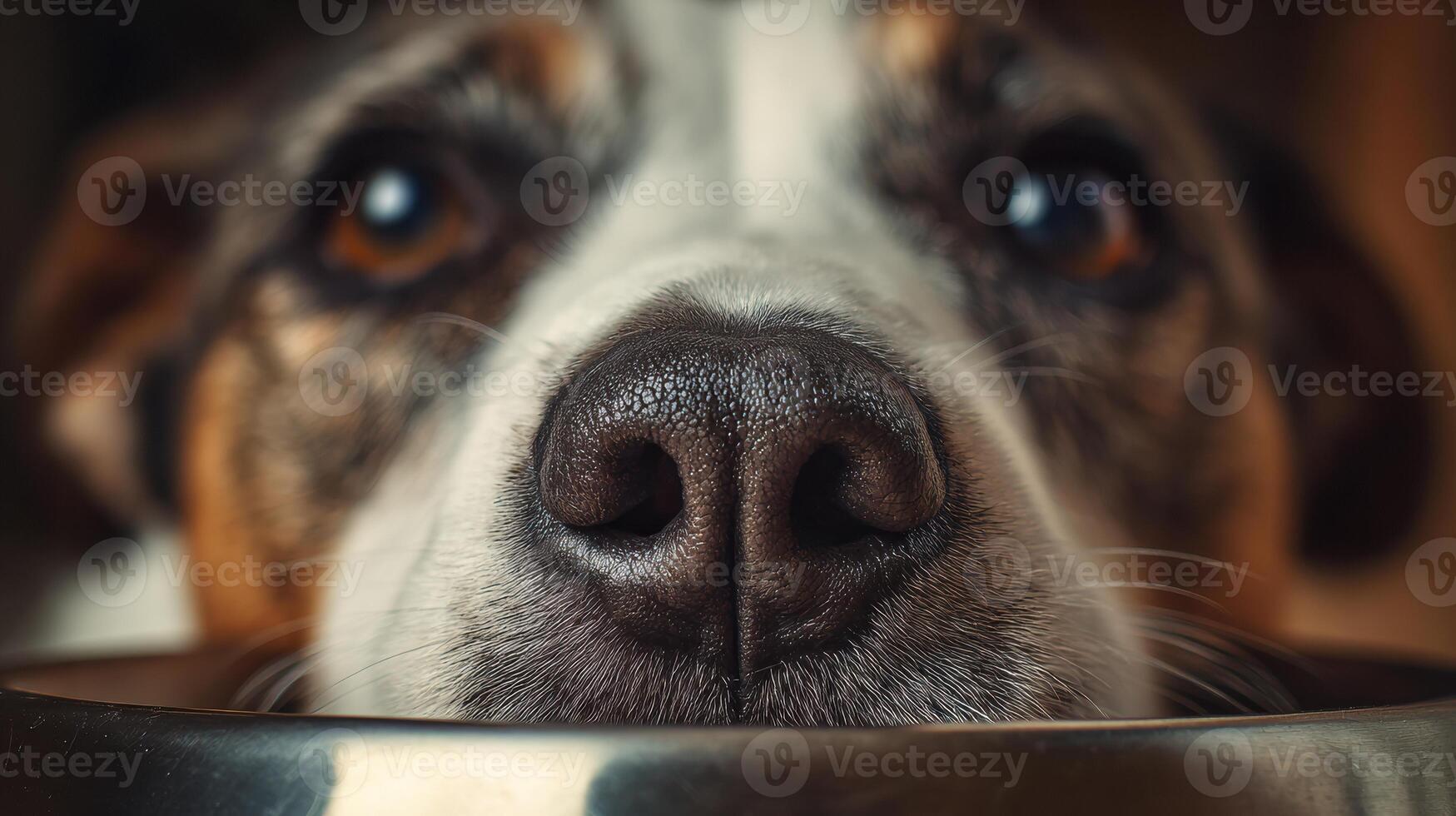 Close-up of Dogs Snout Reaching for Food Bowl in Softly Blurred Background photo