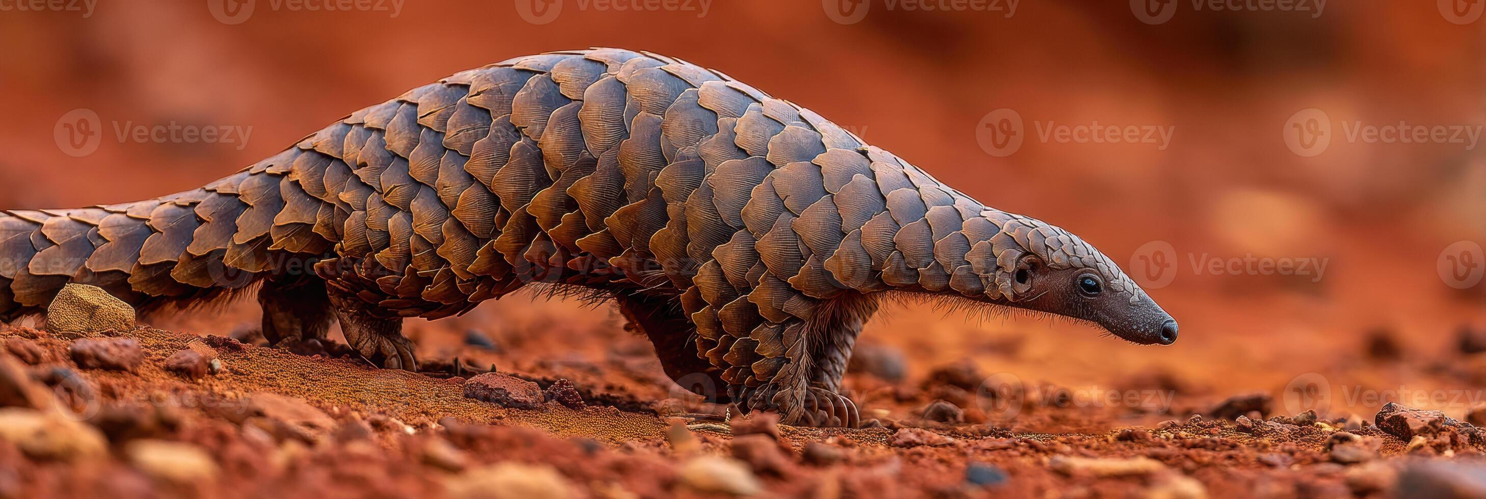Indian Pangolin Walks Across Reddish Soil in a Natural Habitat With Minimal Background, Highlighting Its Unique Scales and Form photo