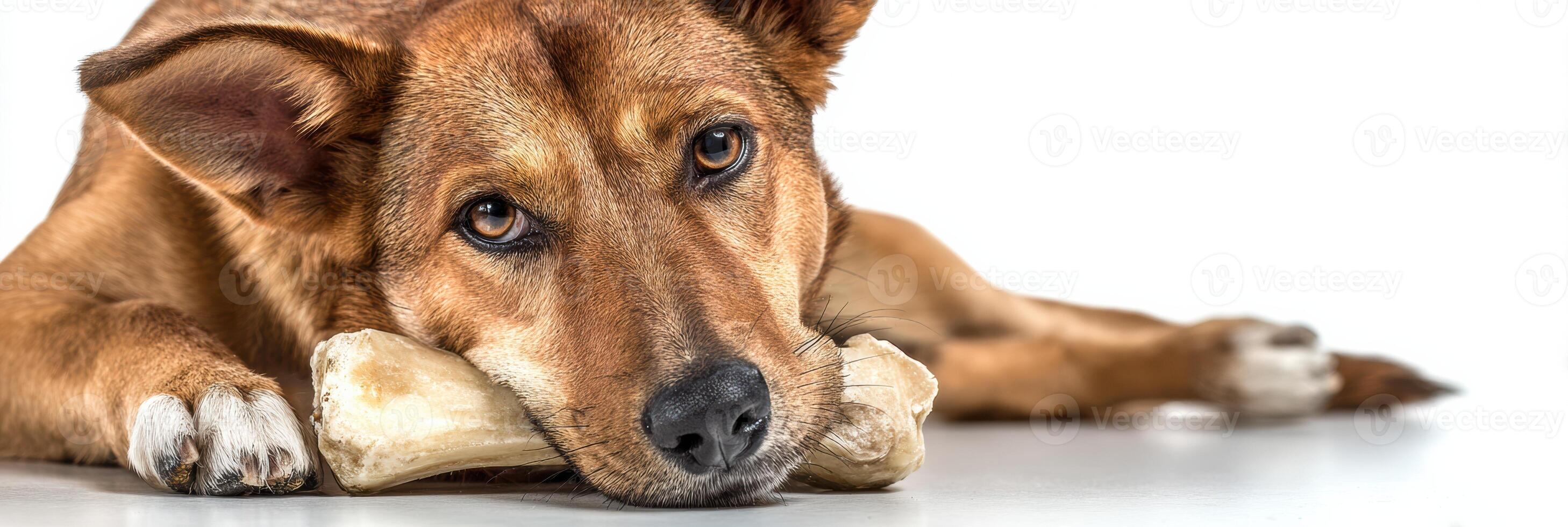 Dog Enjoying a Bone on a Clean White Background With Space for Text Above photo