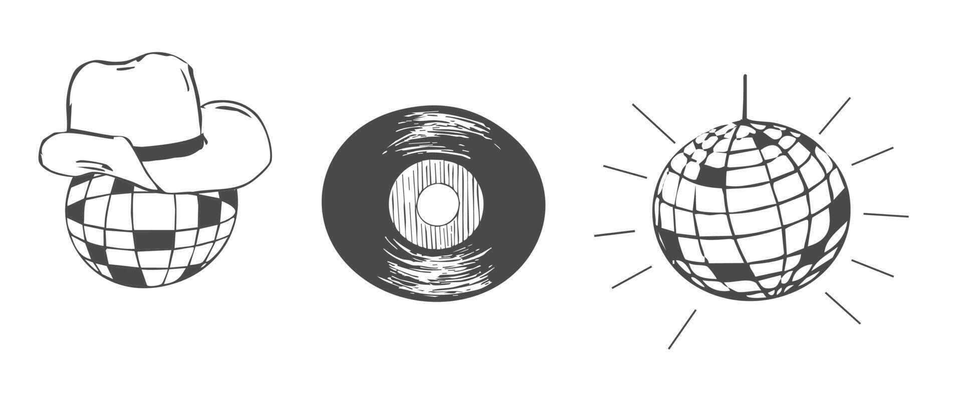Disco ball y2k bachelorette party tattoo sketch. Disco ball with hat vinyl set. Doodle shiny nightlife music illustration. Groovy 2000 party vector