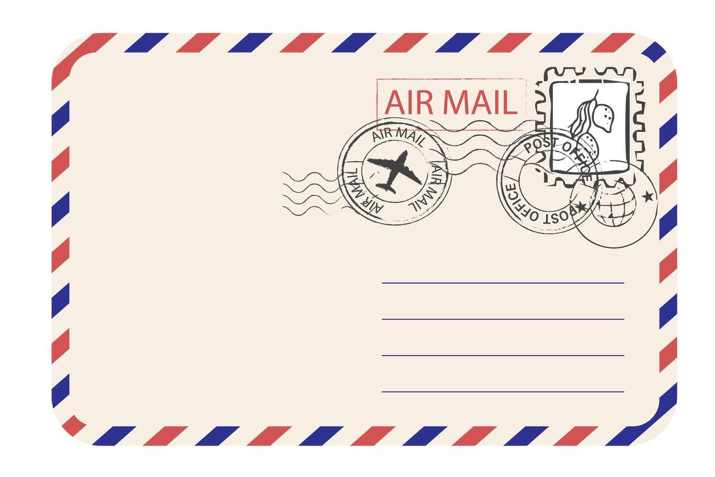 Air mail envelope with striped borde stamp and mark. Retro Vintage postage card. Blank template with stamp. Airmail frame vector