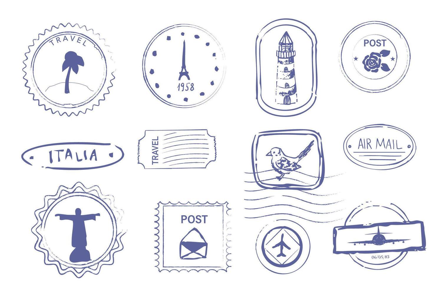 Stamp grunge retro postage seal postmark with plane, doodle vintage decoration for scrapbook. Air mail tourism travel postcard. vector