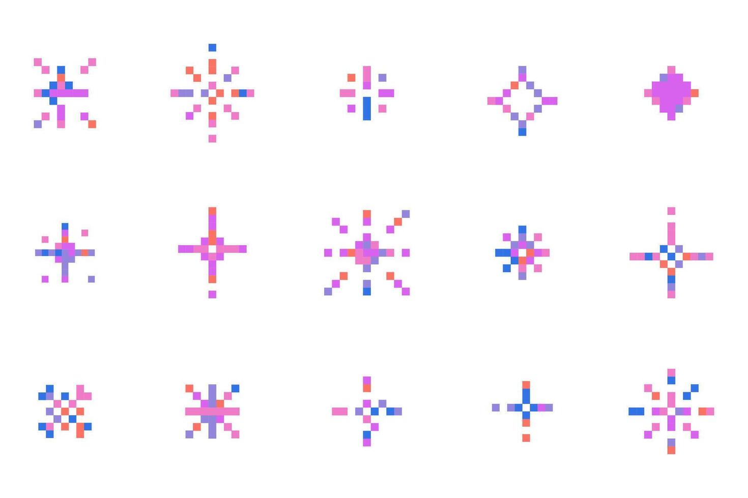 Pixel sparkles and stars Retro 8bit icons for games UX design firework effect space decor 90s Y2K pixel art graphics set. Firework burst, space decoration. vector