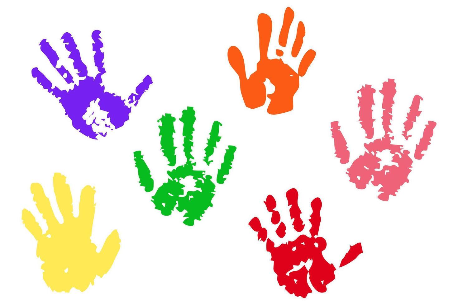 Hand rainbow print color paint stain, handprint set. Happy childhood artistic kids stamp collection. Abstract handprint, vibrant paint splashes. Creative symbols children art vector