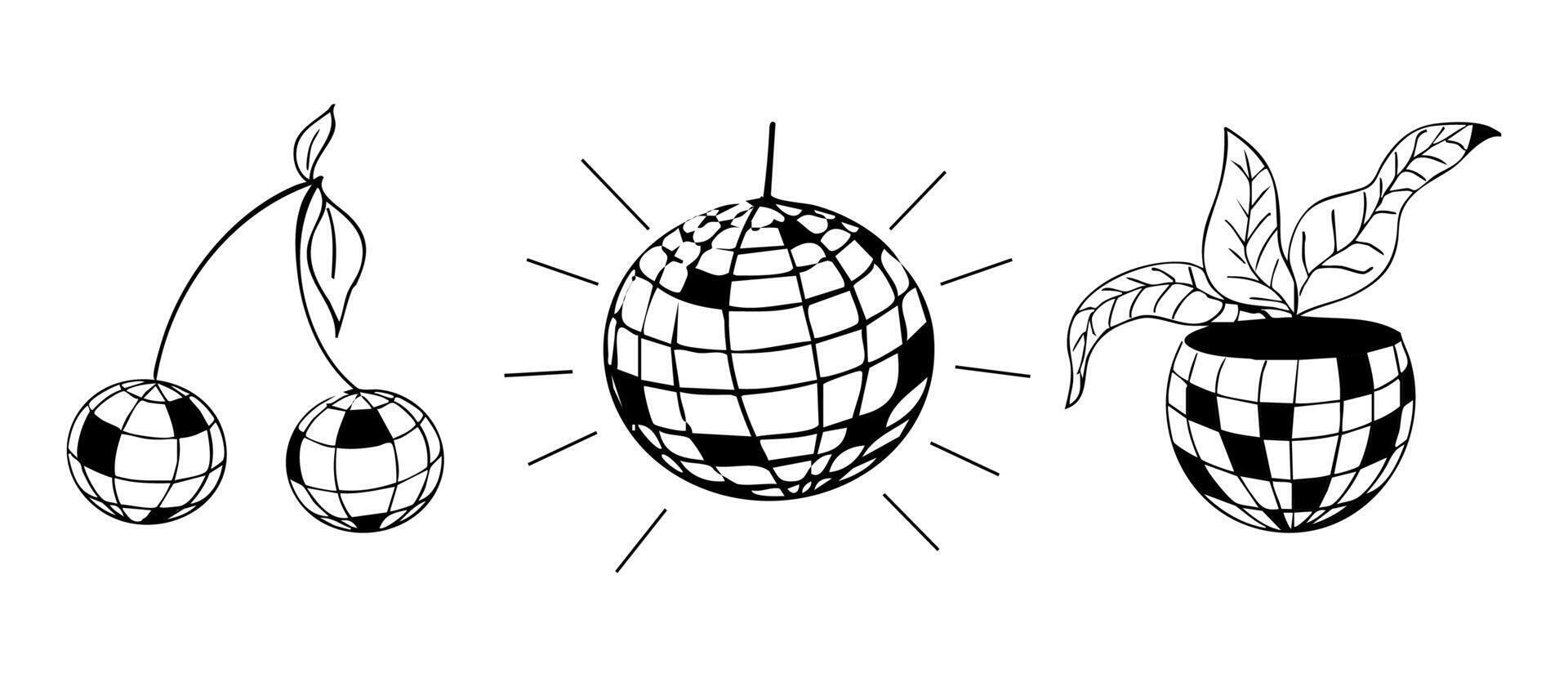Disco ball y2k bachelorette party tattoo sketch. Disco ball with hat, cherry disco set. Doodle shiny nightlife music illustration. Groovy 2000 party vector