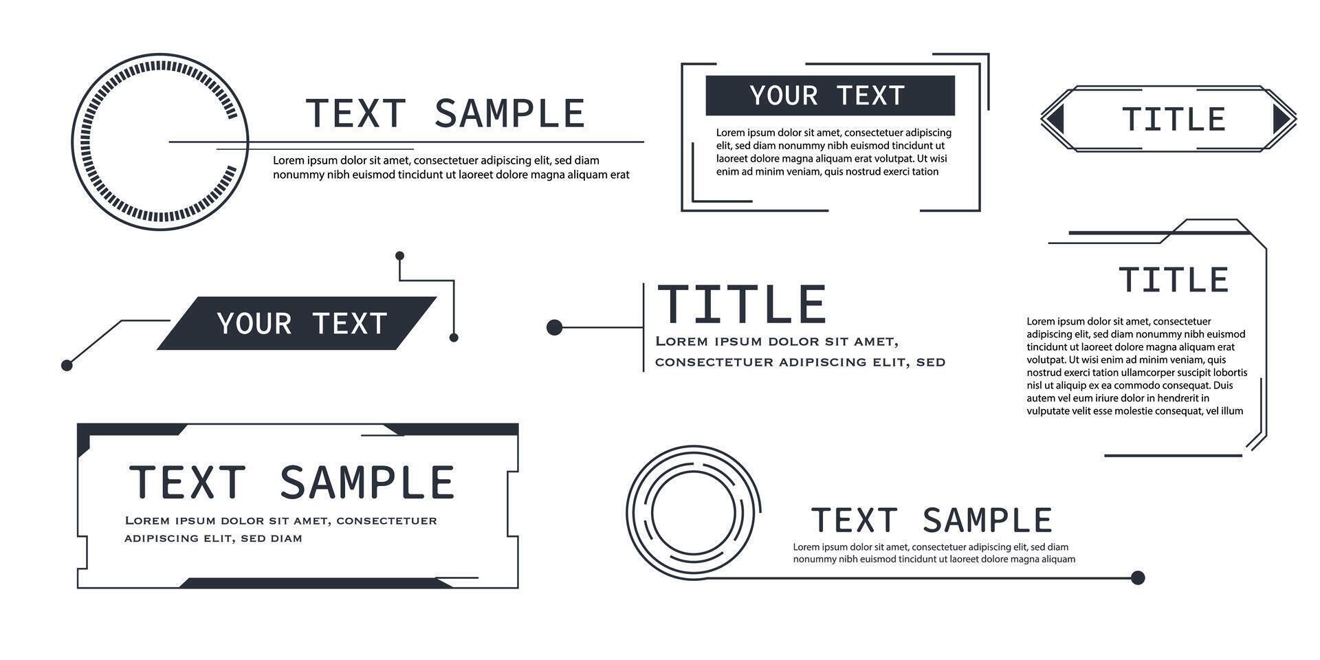 Callout title text box tech HUD bar digital futuristic line frame. Set minimal border ui design. Textbox divider, sci fi template. vector