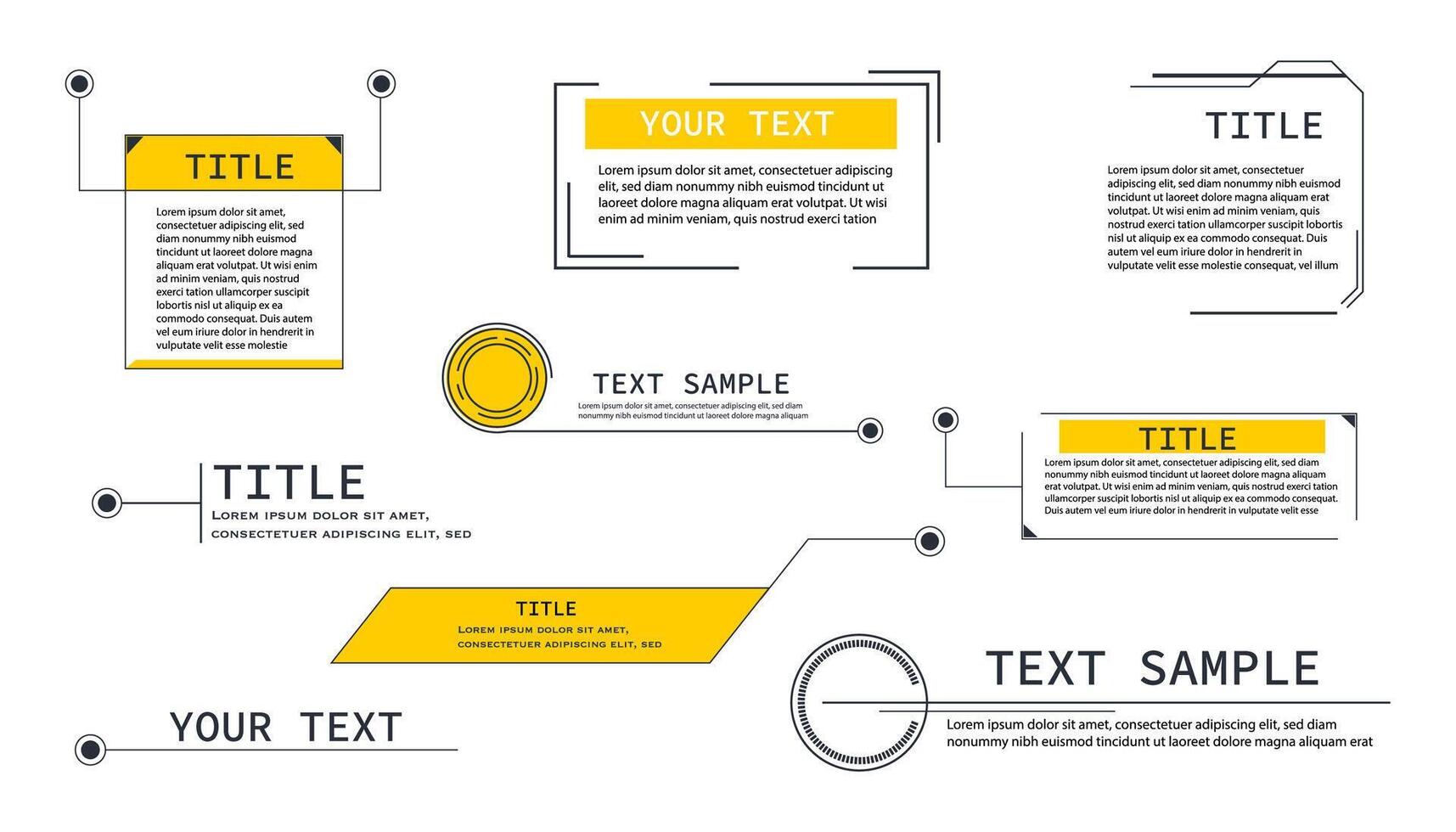 Text box frame, title callout tech hud border menu, title call out labels modern line interface board. Set game elements, web design template for text, banner. vector