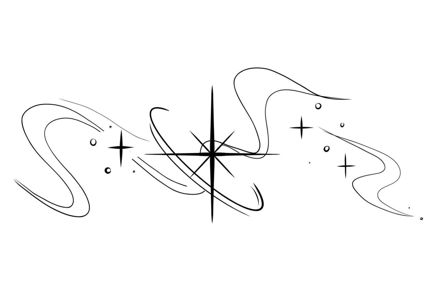 Abstract y2k line star, tattoo aesthetic doodle or sketch. Sparkle swirl silhouette line light, move, trail. Retro space orbit geometric vector