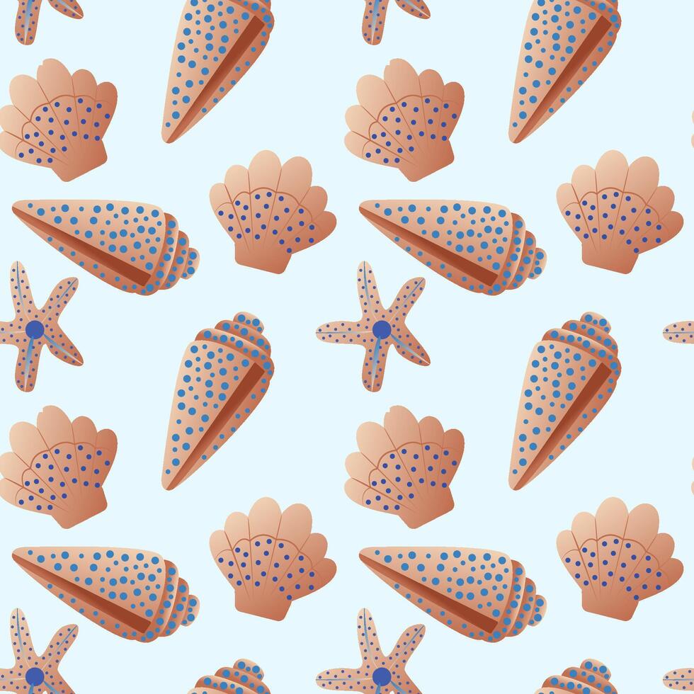 Colorful shell and starfish pattern on a light background ideal for beach-themed decor and design projects vector