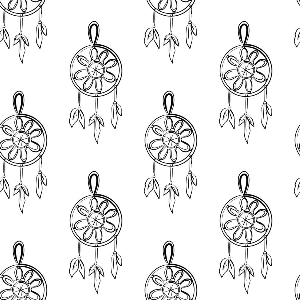 Pattern of dreamcatchers with floral designs and feathers on a white background in a minimalist style vector