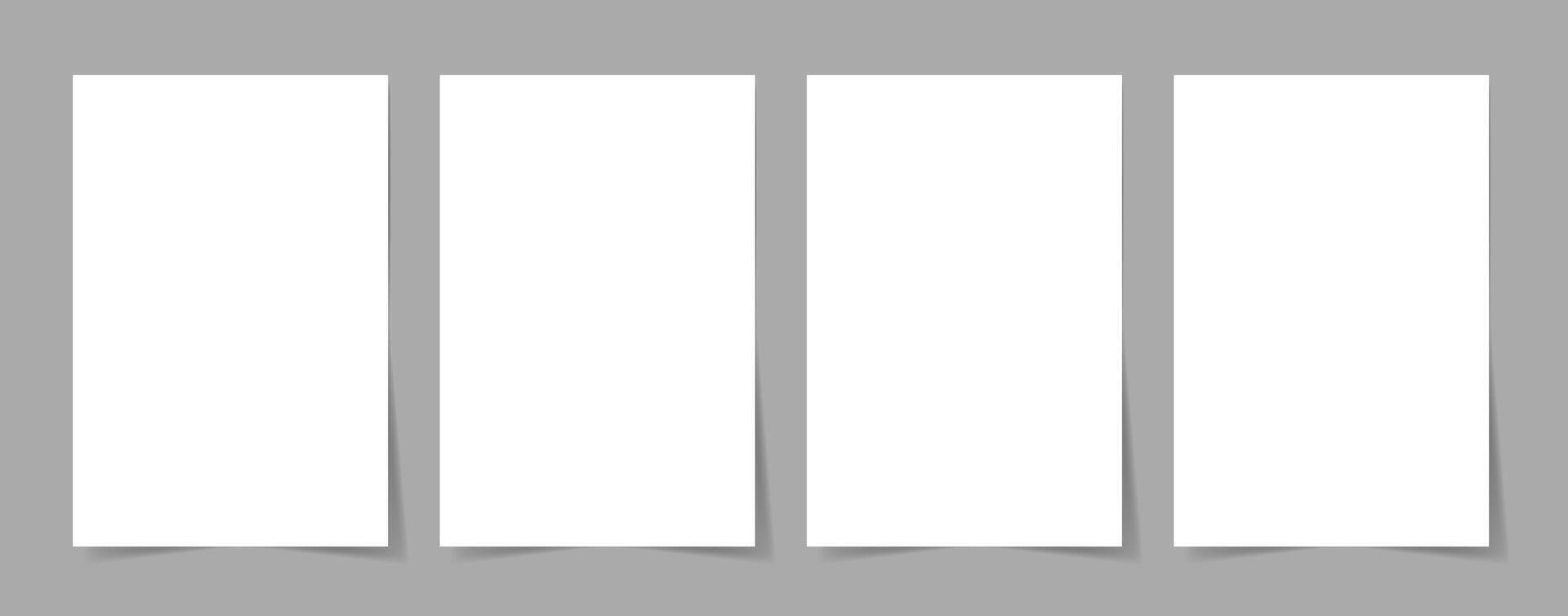 Blank A4 paper sheet. White blank vertical rectangle pages with realistic wall drop shadows. Poster and picture mockup, notepaper, letter piece template. isolated set vector