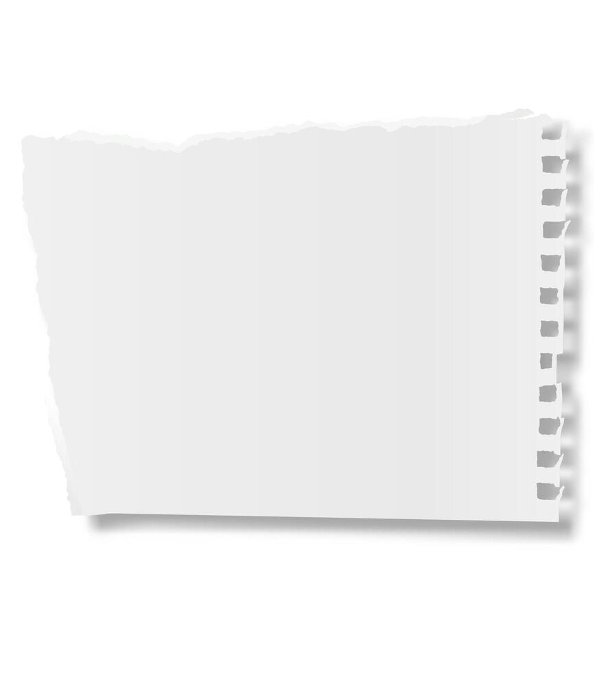 Torn white notebook paper casting a soft shadow on a clean white background, creating ample copy space for text or design elements, perfect for notes or announcements vector
