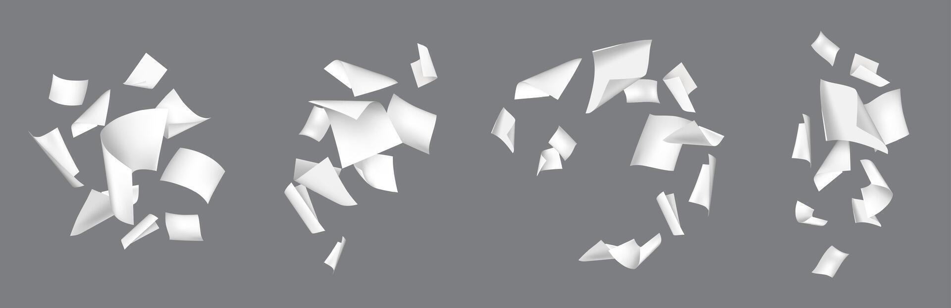 Flying white paper sheets. Blank paper groups chaotic floating in air. 3D realistic throwing office document, notebook pages blowing, scatter file sheets. mockups vector