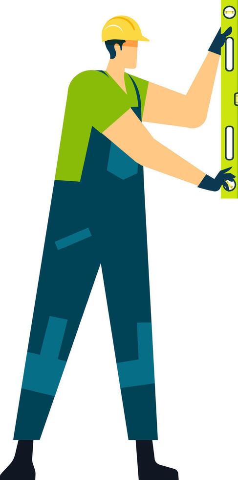 Construction worker wearing uniform and protective helmet using level tool measuring vertical surface, performing building tasks, ensuring precision and accuracy in construction site vector
