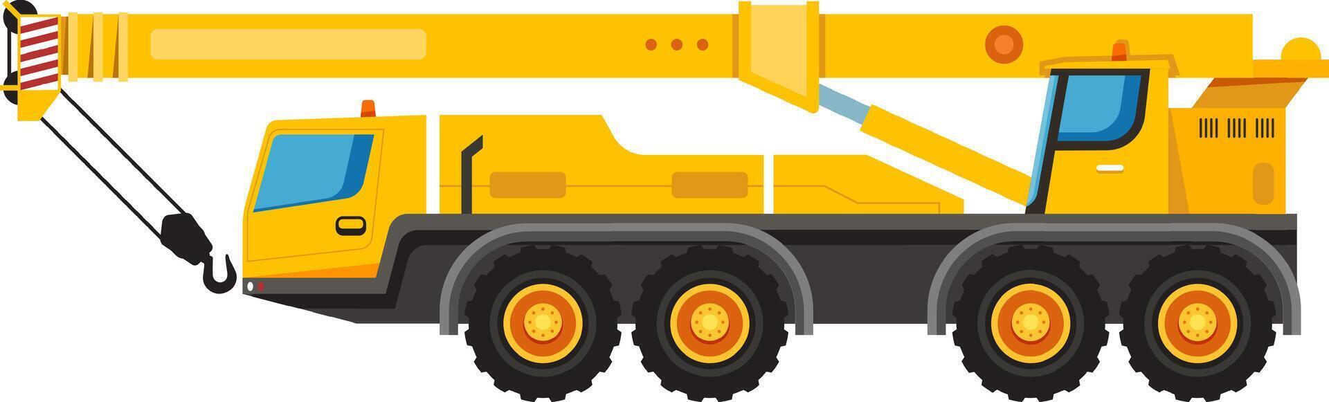 Powerful mobile crane truck lifting with hook, heavy machinery for construction and industrial projects, side view isolated on white background vector