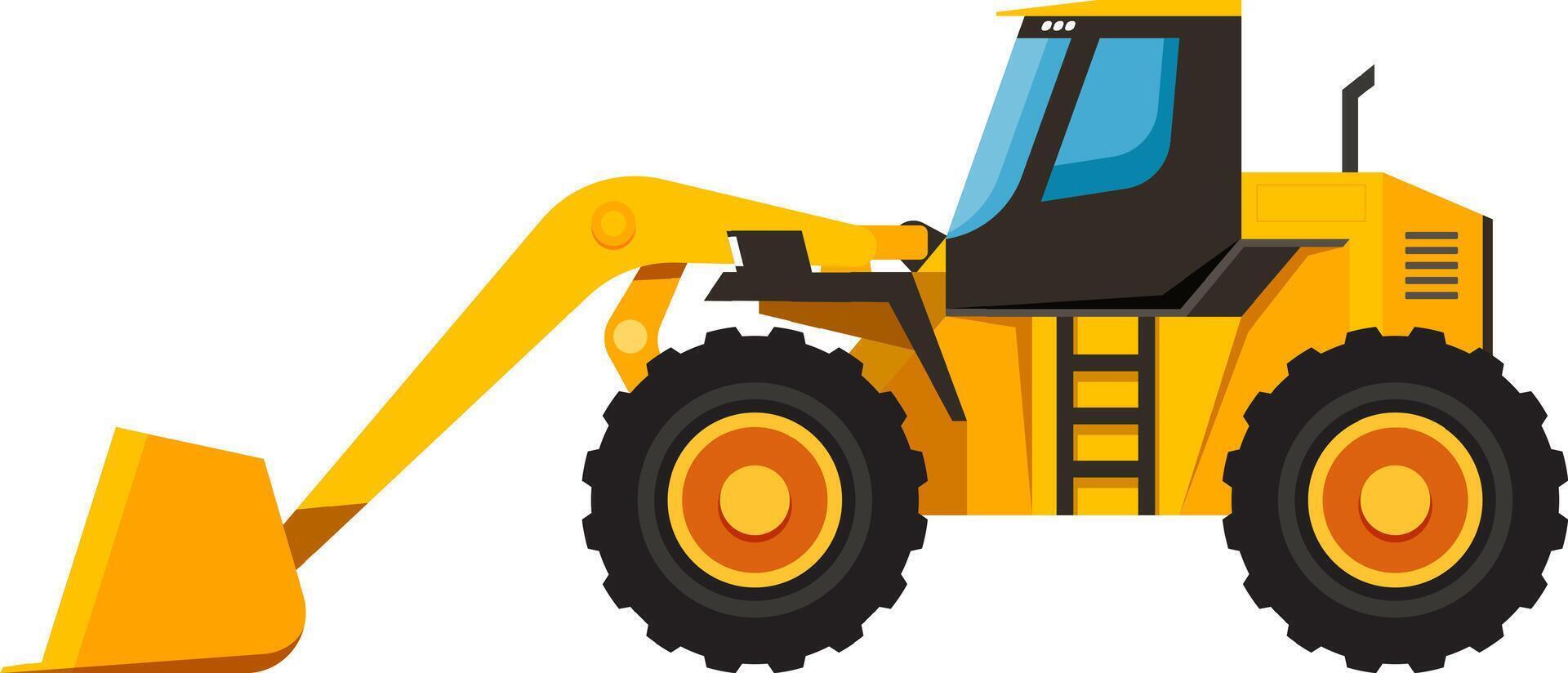 Modern yellow front end loader with large bucket parked, ready for loading and unloading operations in construction or agriculture, showcasing its strength and utility vector