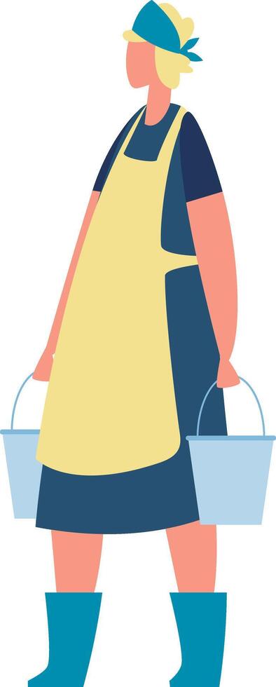 Farmer carrying two metal buckets wearing rubber boots, apron and bandana, working in agriculture and farming, side view full length portrait vector