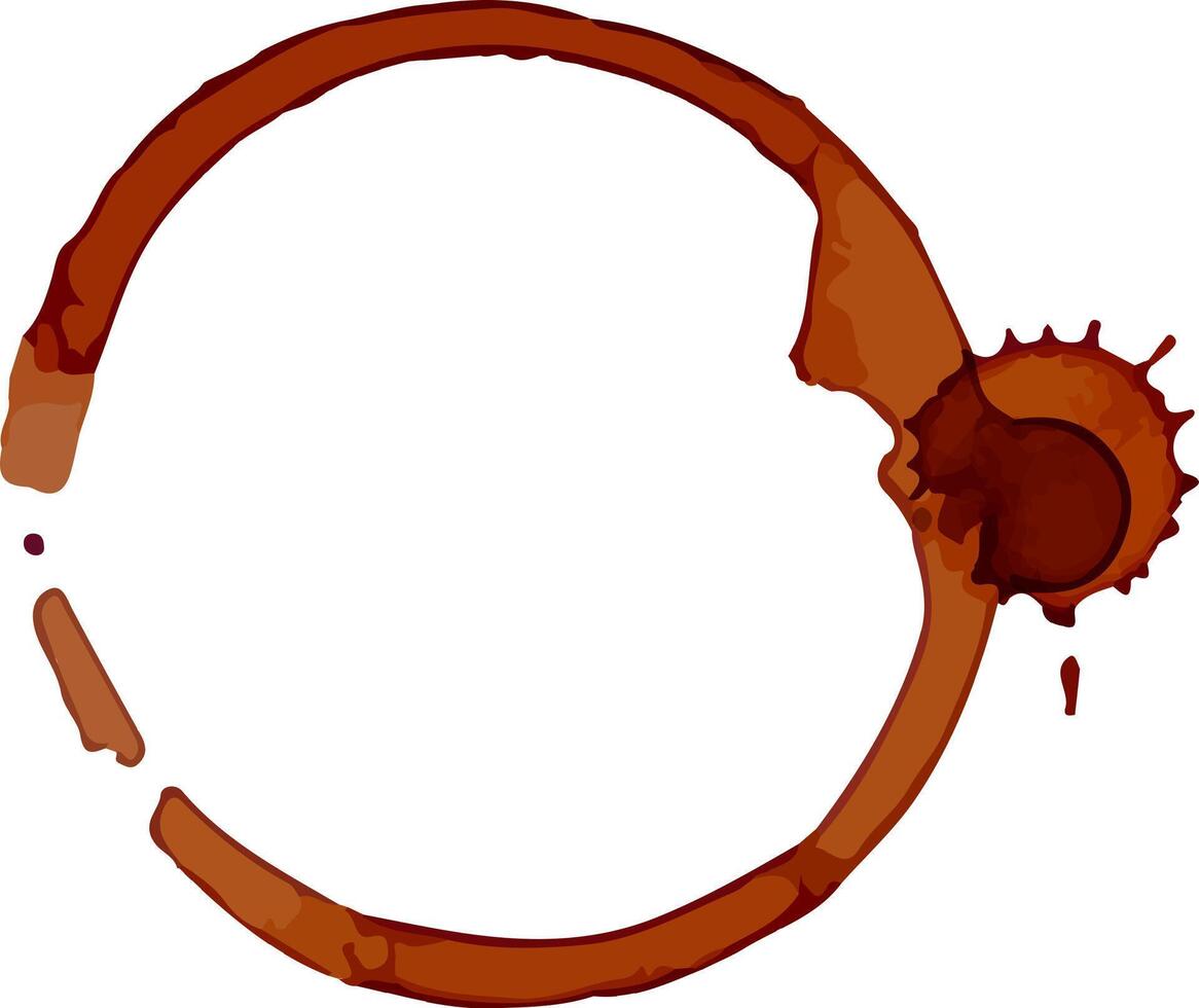 Brown coffee cup ring stain with splash marks forming an uneven circle on a white background, perfect for representing a coffee break or a messy morning routine vector