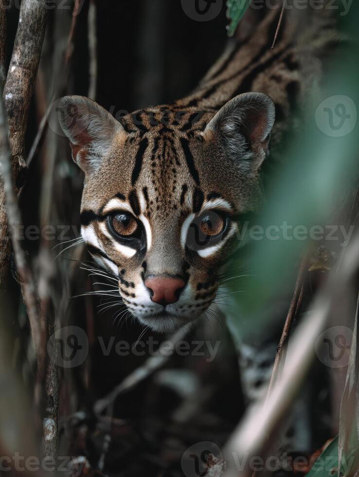 Ocelot Peeking Through Dense Underbrush in a Dramatic Display of Wildlife in Its Natural Habitat During a Twilight Setting photo
