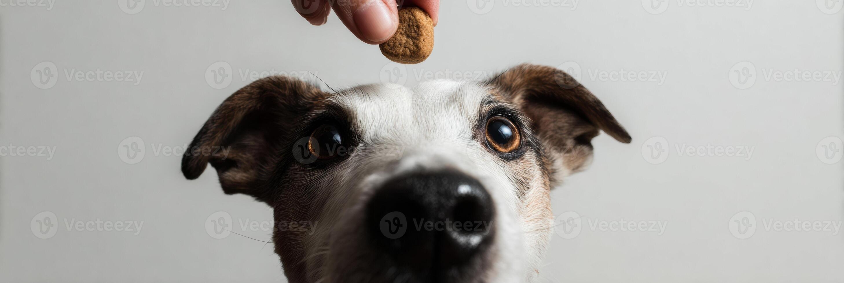 Hand Reaching for Freeze-Dried Treats Above Eager Dog in Minimalistic Setting With White Background During Indoor Playtime photo