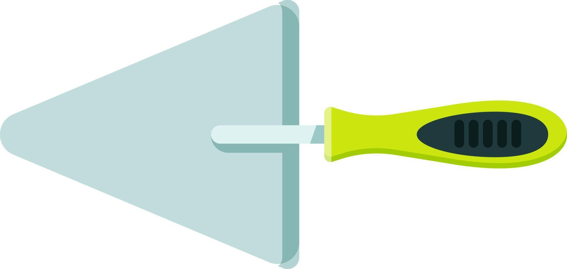 Triangular trowel with green ergonomic handle laying horizontally isolated on white background, depicting concepts of construction, renovation, DIY, and tiling work vector