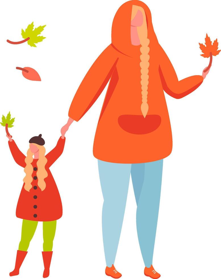 Mother and daughter walking hand in hand, enjoying the beauty of falling autumn leaves. Both wearing cozy orange hoodies, they happily collect vibrant maple leaves in a picturesque park vector