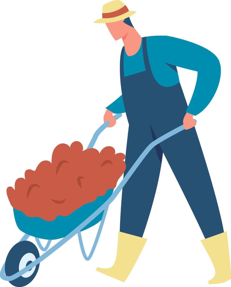 Young farmer wearing straw hat, blue shirt and trousers, yellow boots and blue apron pushing a wheelbarrow full of peat or soil for agriculture and gardening vector