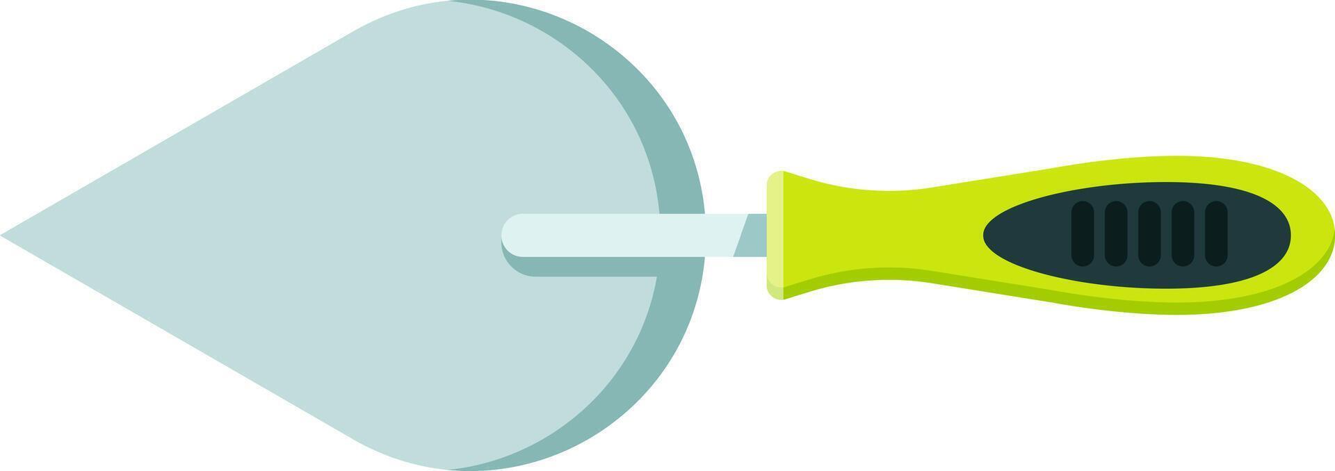 Construction tool with a flat, pointed metal blade and a green ergonomic handle, used for applying and spreading mortar or plaster in tiling and bricklaying vector