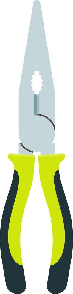 Long nose pliers with green and black handles cutting a wire, isolated on a white background, represent craftsmanship, precision, and essential tools for various tasks vector