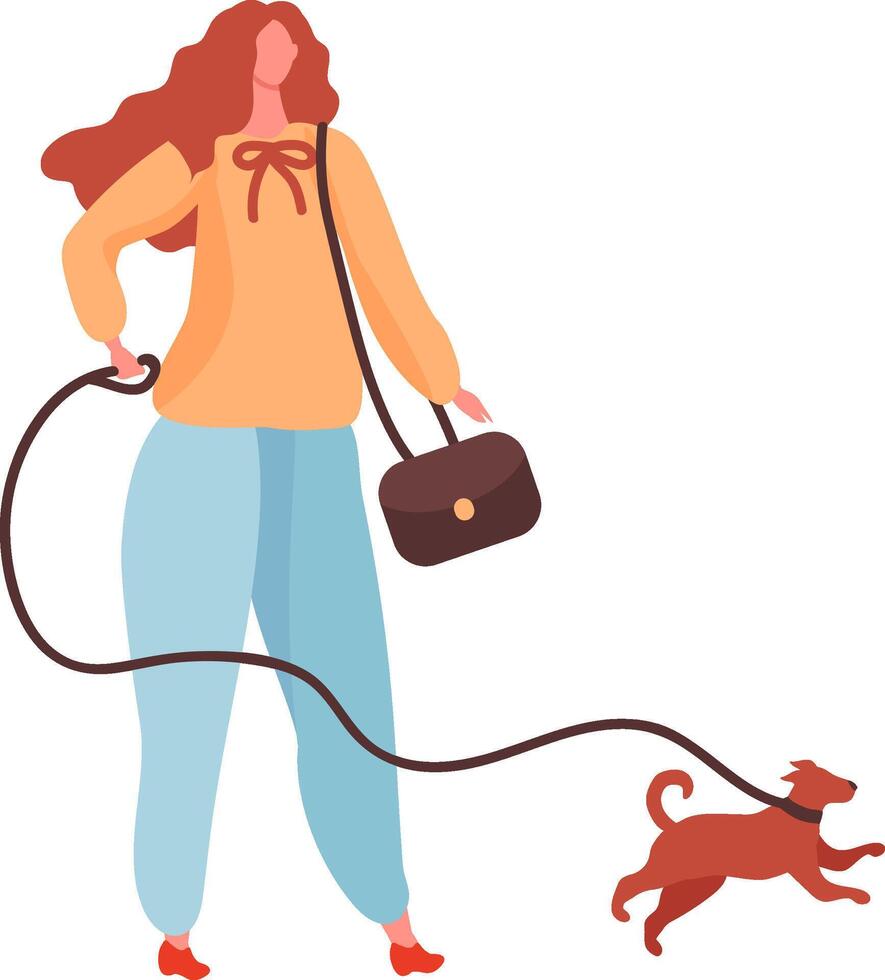 Happy woman with long red hair, wearing an orange sweater, blue pants, and red shoes, joyfully walking her small brown dog on a leash while enjoying the outdoors vector
