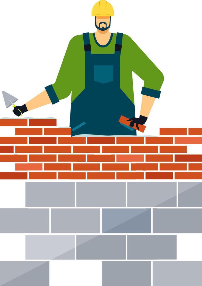 Professional builder wearing uniform and hardhat constructing a red brick wall using a trowel and mortar, adding bricks one by one on a white background vector