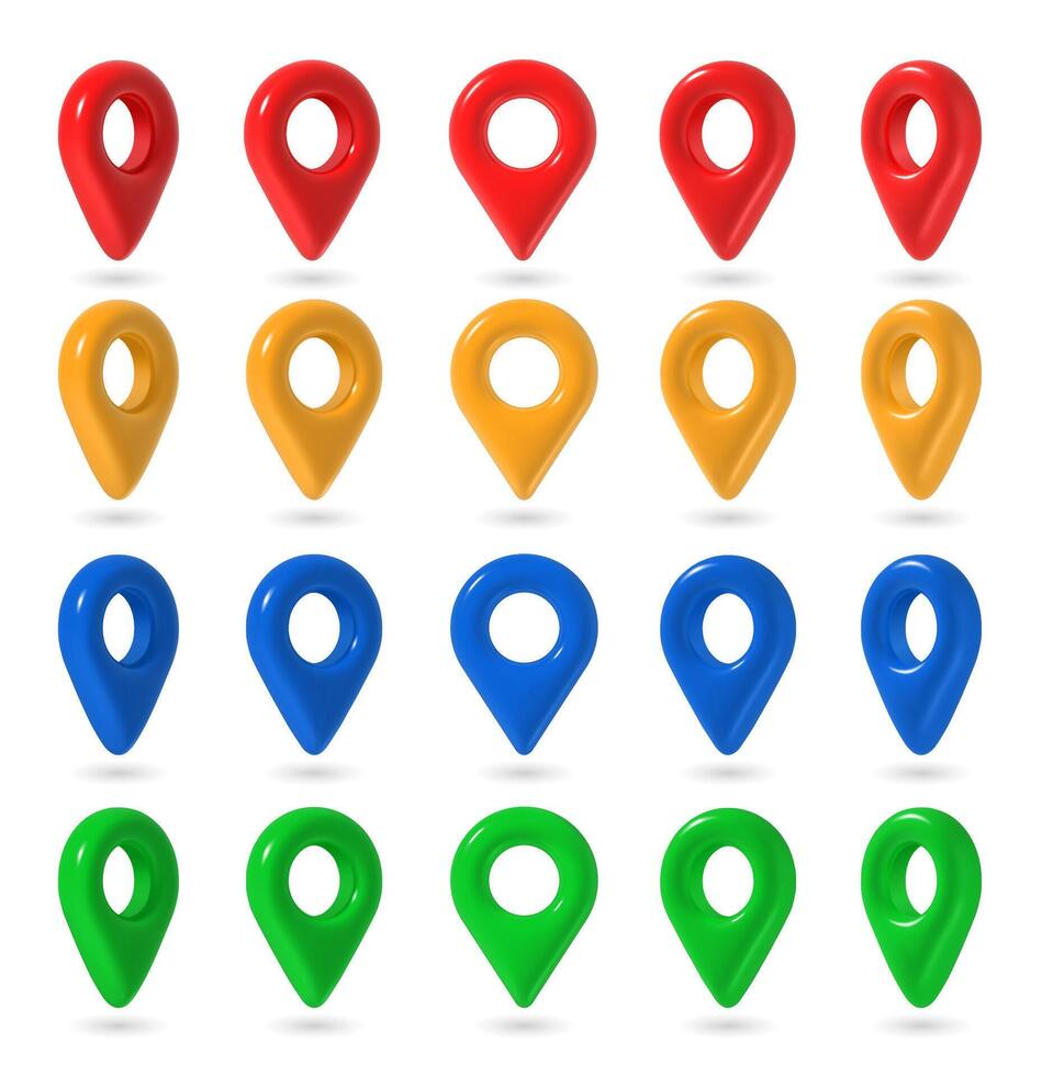 3d map pin. Multi colored plastic map push pins, red and blue, yellow and green point markers in different positions. Place position pointers GPS location icons vector