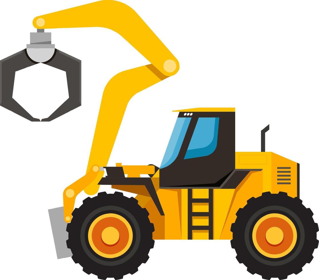 Powerful yellow forestry machine with an open claw manipulating wood logs, showcasing its strength and efficiency in a side view against a clean white background vector