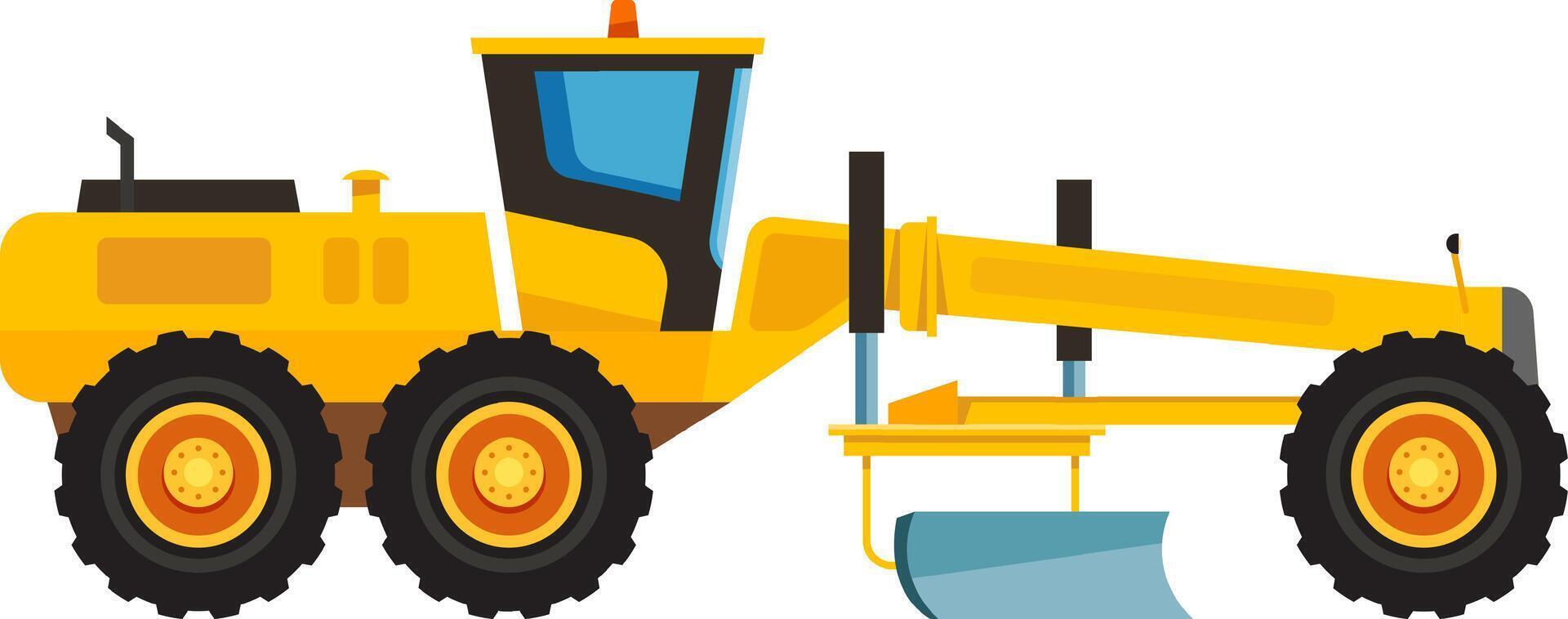 Heavy construction machine, a motor grader, performing ground leveling operations, essential for preparing a stable base for roads or buildings vector