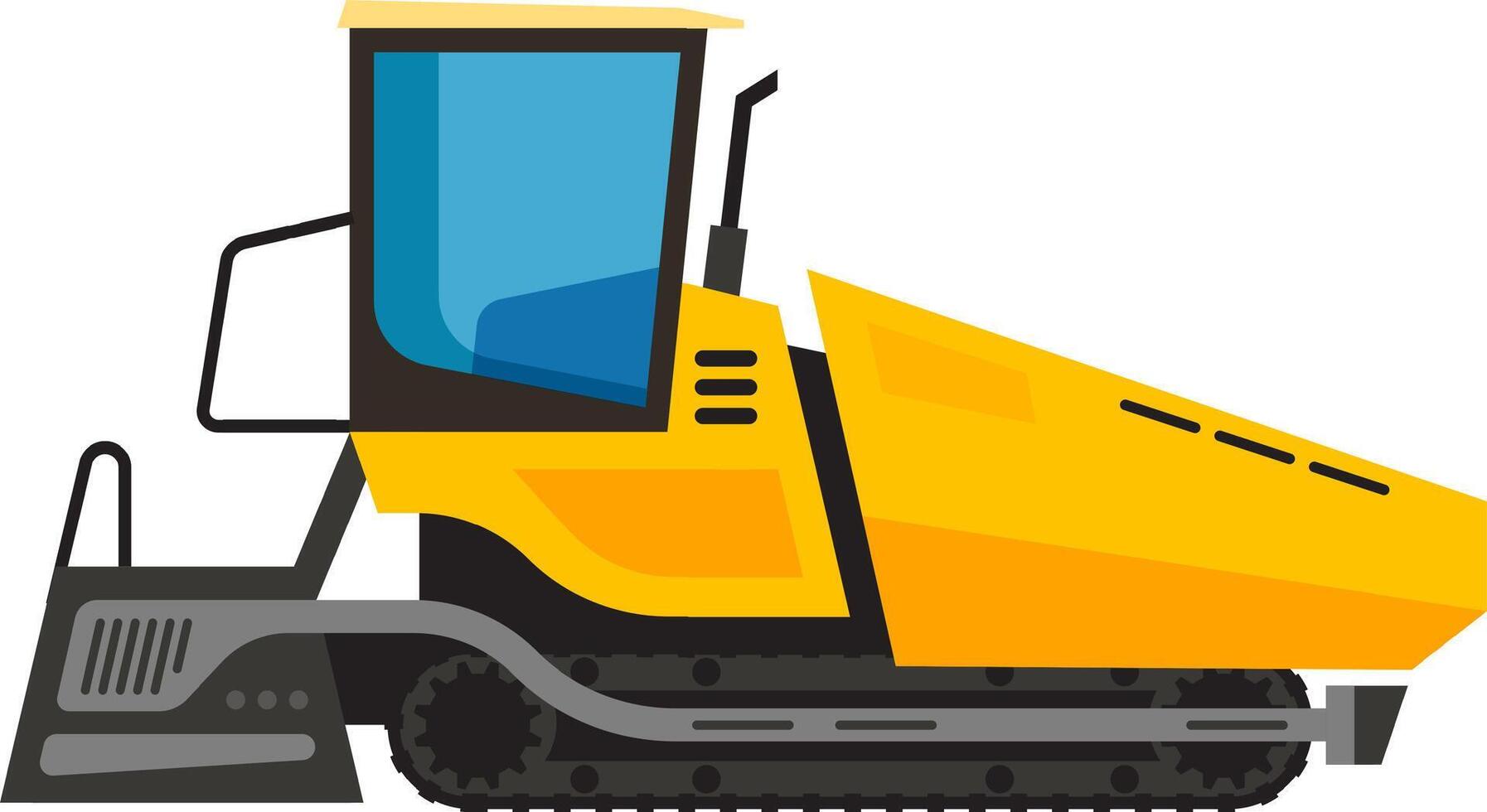 Side view of a powerful, yellow asphalt paving machine with continuous tracks, efficiently laying and compacting asphalt on a road construction site vector