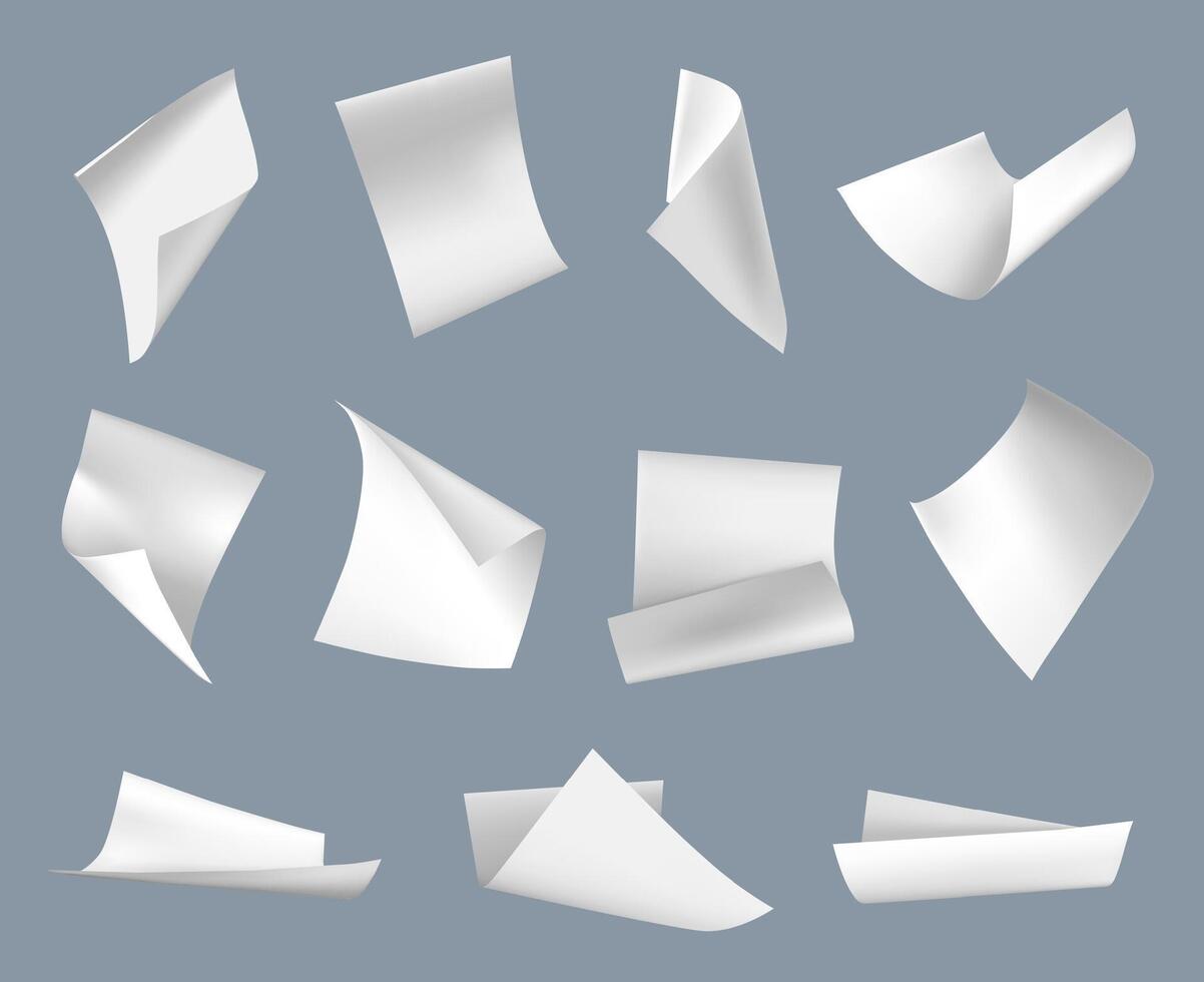 Flying paper. Curled blank white paper sheets floating in air and falling down. 3D realistic A4 letter document, note pages blow wind, scatter sheets. isolated set vector