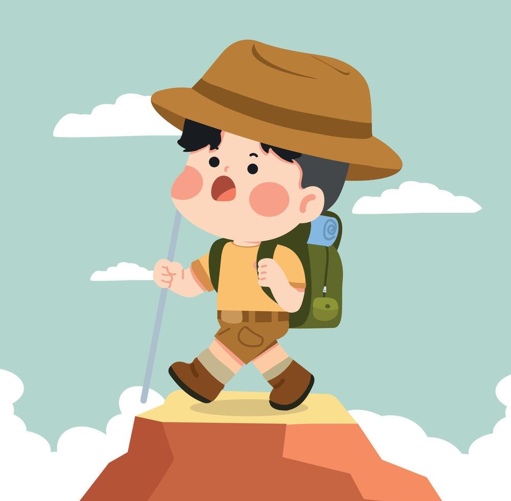 Cartoon Boy Hiking on Mountain Illustration vector