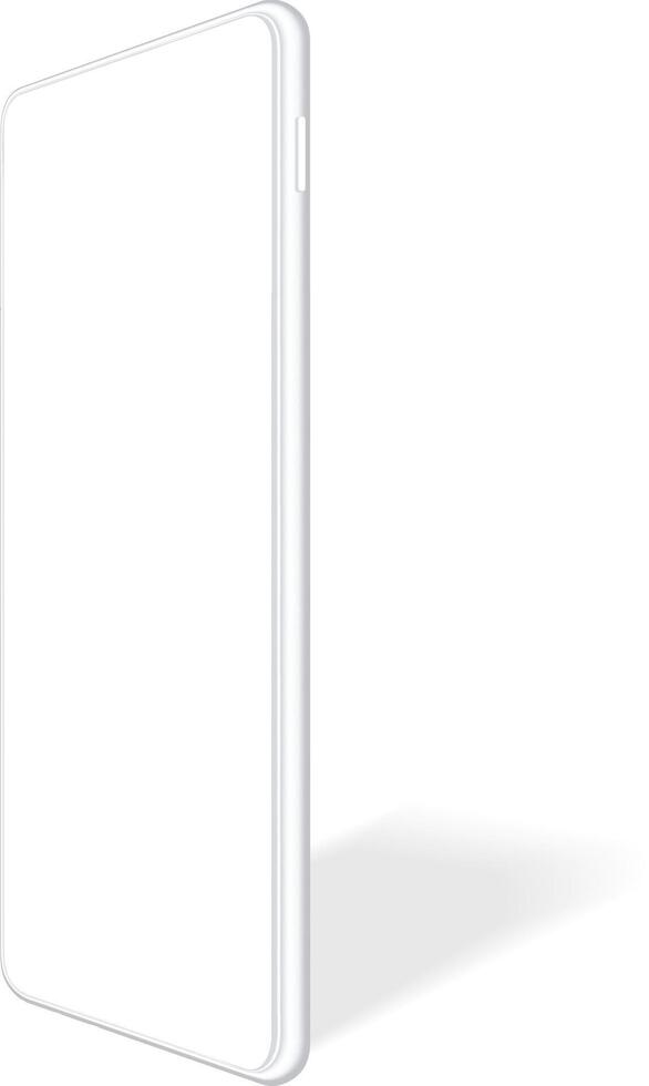 Realistic white smartphone featuring a blank screen, casting a soft shadow on a clean white background, highlighting modern technology and elegant design in a minimalistic style vector