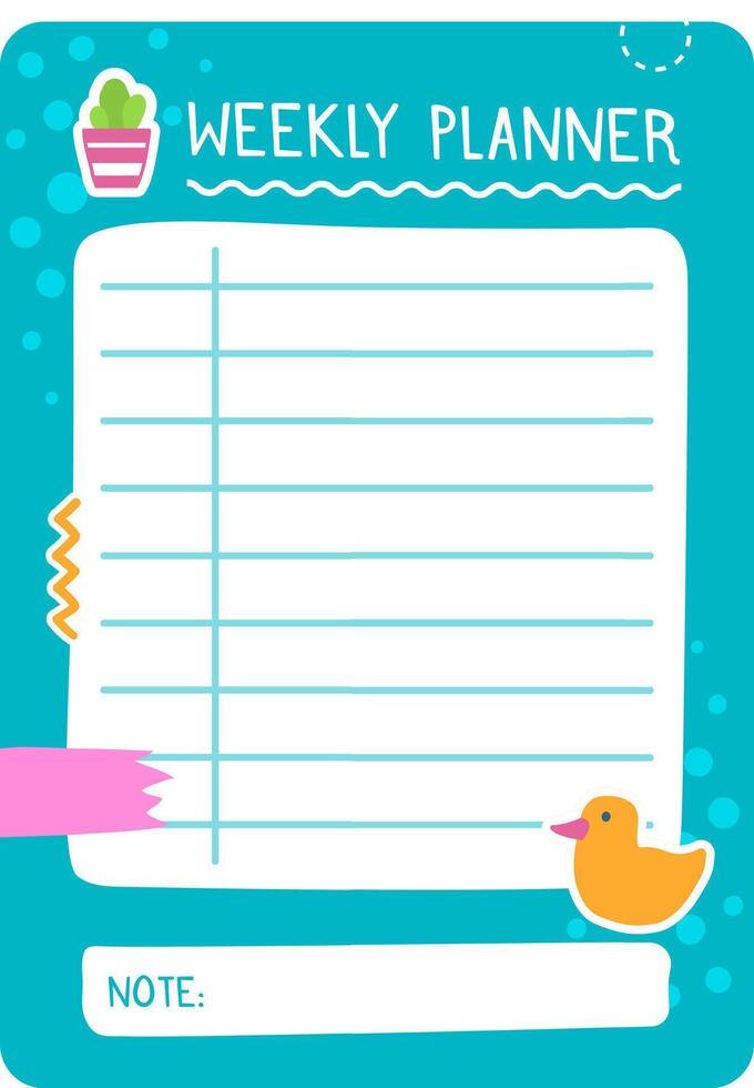 Weekly planner page with blank lines for writing and note section, decorated with cute cartoon duck, cactus and colorful washi tape, on turquoise background vector