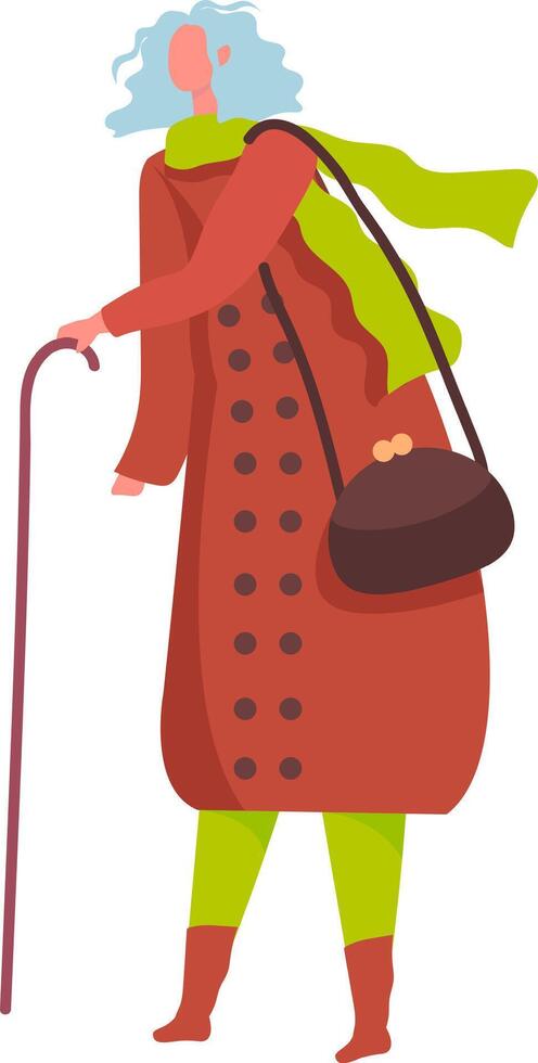 Full length illustration of a senior woman walking with a cane and carrying a shoulder bag, wearing a long coat and a scarf, representing concepts of aging, mobility, and independence vector