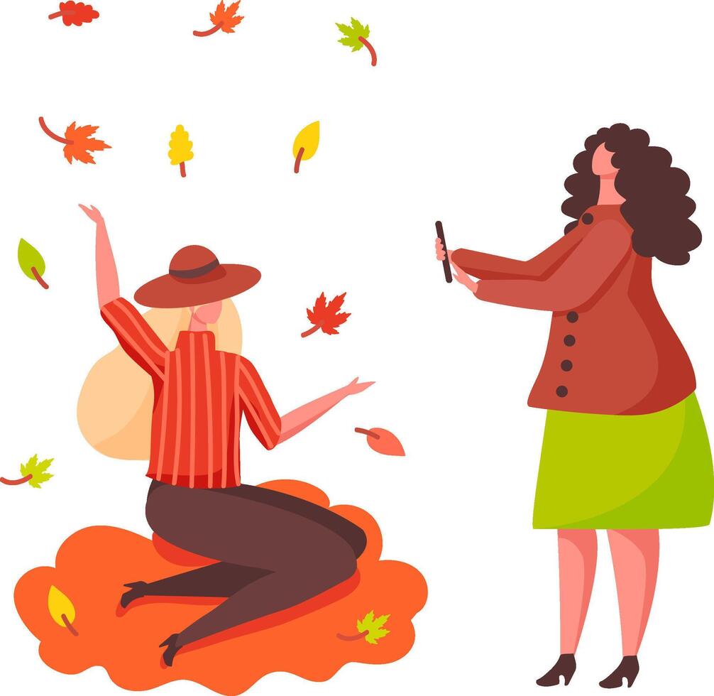Two women taking pictures and enjoying the fall foliage during a beautiful autumn day, celebrating the season change and making memories together vector